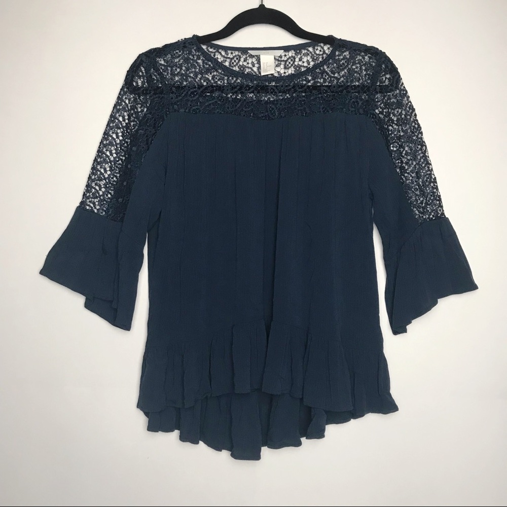 H&M Navy Lace High Low Hem Blouse M
